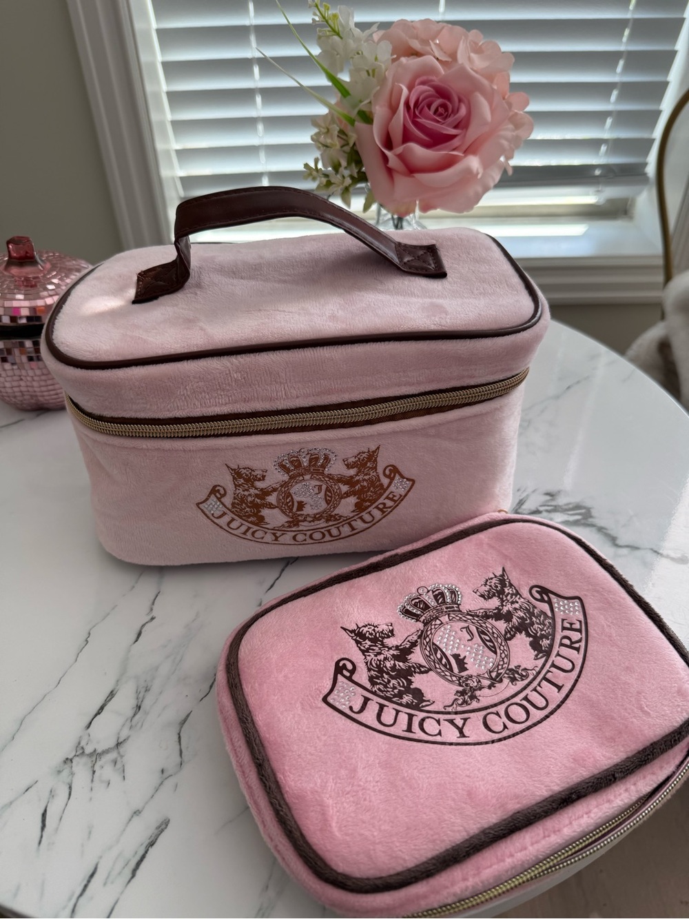 Juicy Couture Light Pink Velvet Travel Cosmetic Case Duo